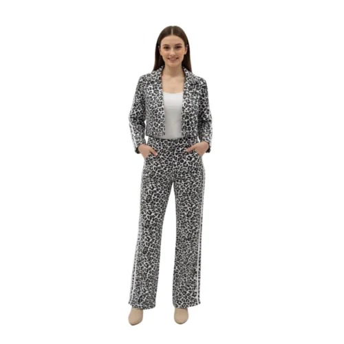 Women's Leopard Two-Pieces Set Wide Pants & Croped Blazer