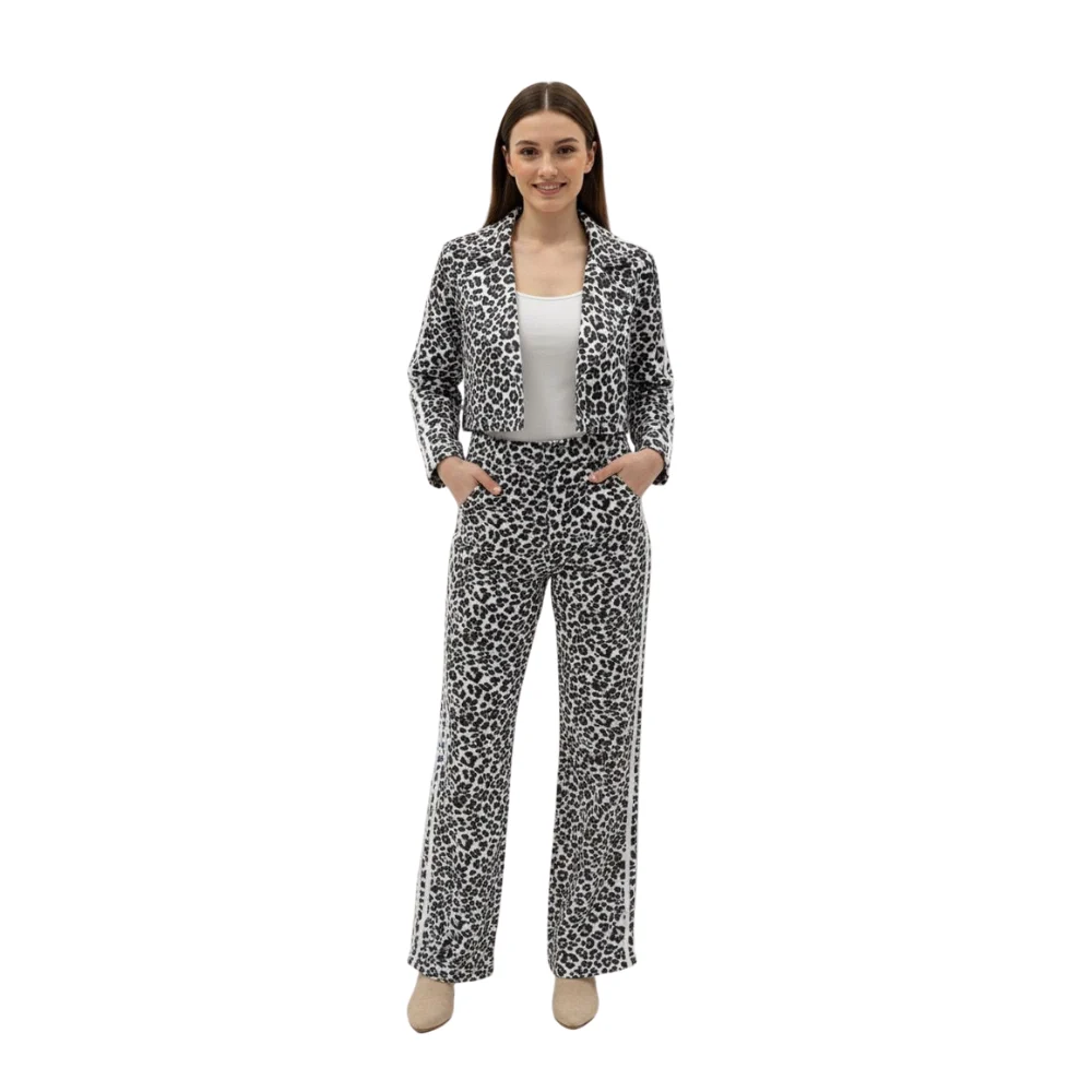 Women's Leopard Two-Pieces Set Wide Pants & Croped Blazer