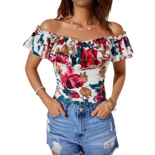 Shein Off-Shoulder Flower Printed Blouse