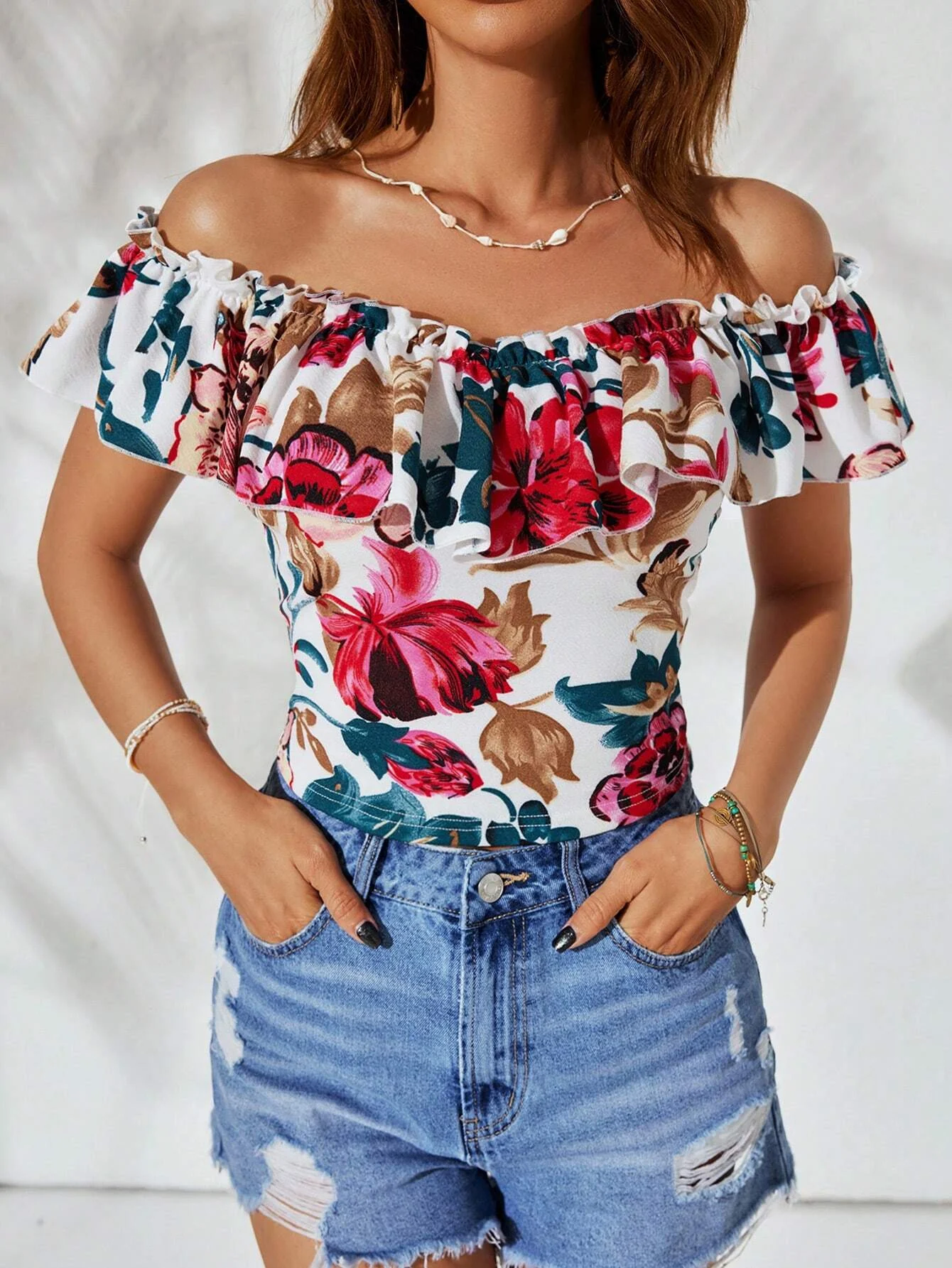 Off-Shoulder Flower Printed Ruffle Slim-Fit Top
