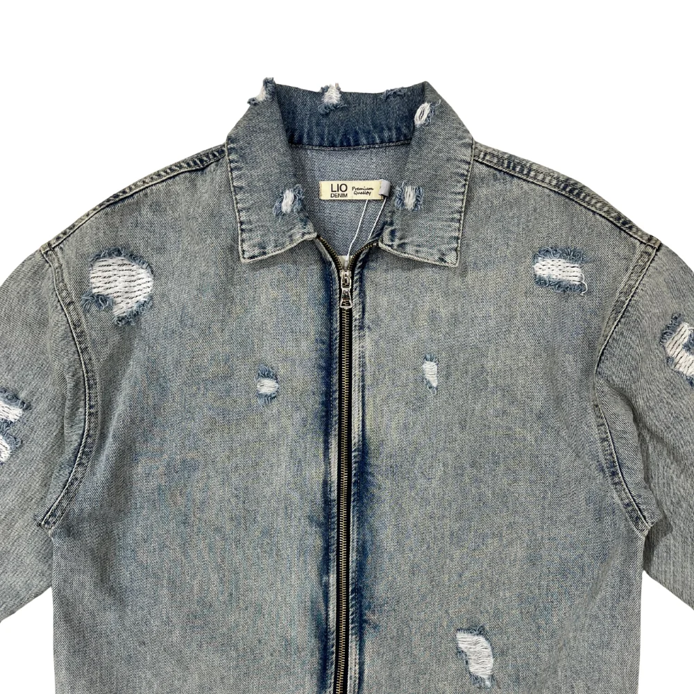 Denim cutting Zipper Cropped jacket - Image 6