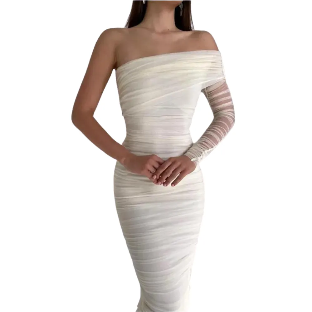 women's one-shoulder mesh soiree dress