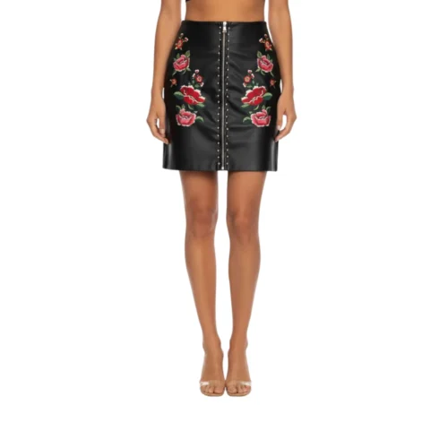 Flower Embroidered Leather Skirt