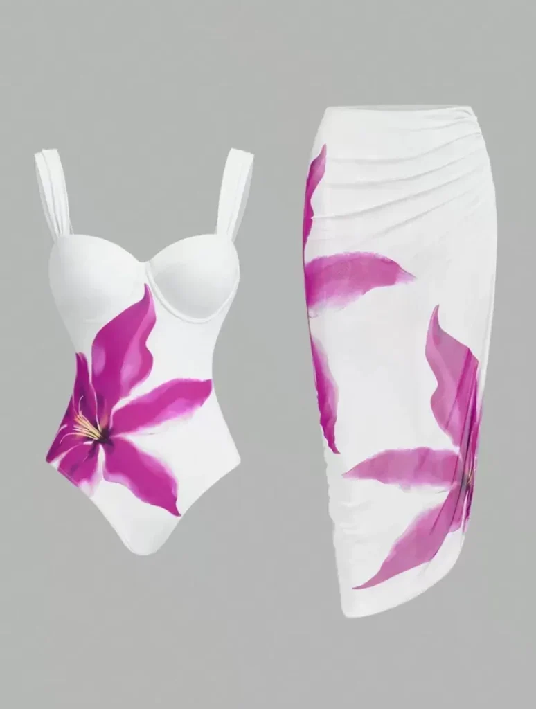 2Pieces Flower Print With Cover-up Swimsuit