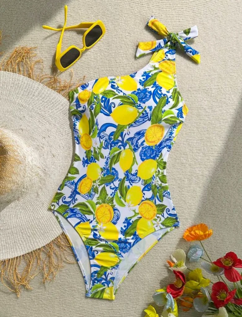 One-Shoulder Lemon Print Swimsuit