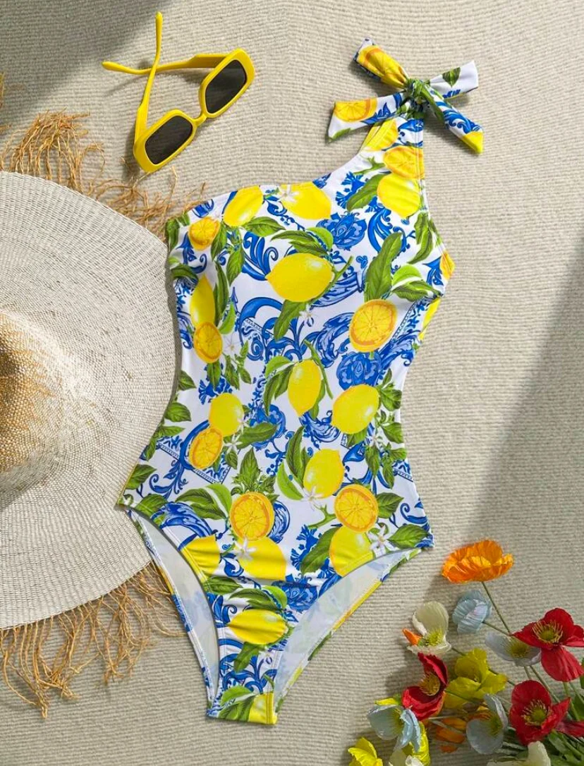 One-Shoulder Lemon Print Swimsuit