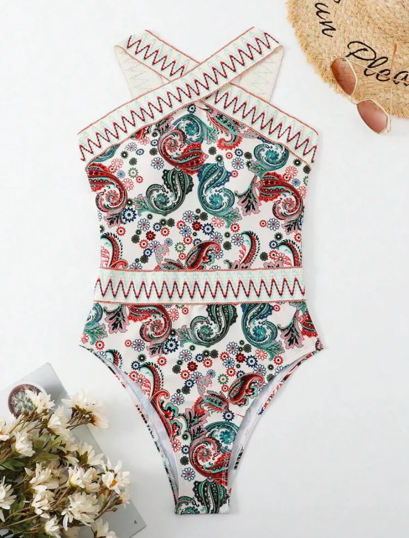 Shein Pattern Cross One-piece Swimwear - Image 4