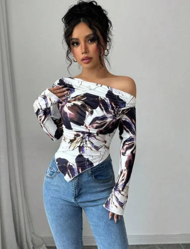 Off-Shoulder Casual V-Style Printed Longsleeve