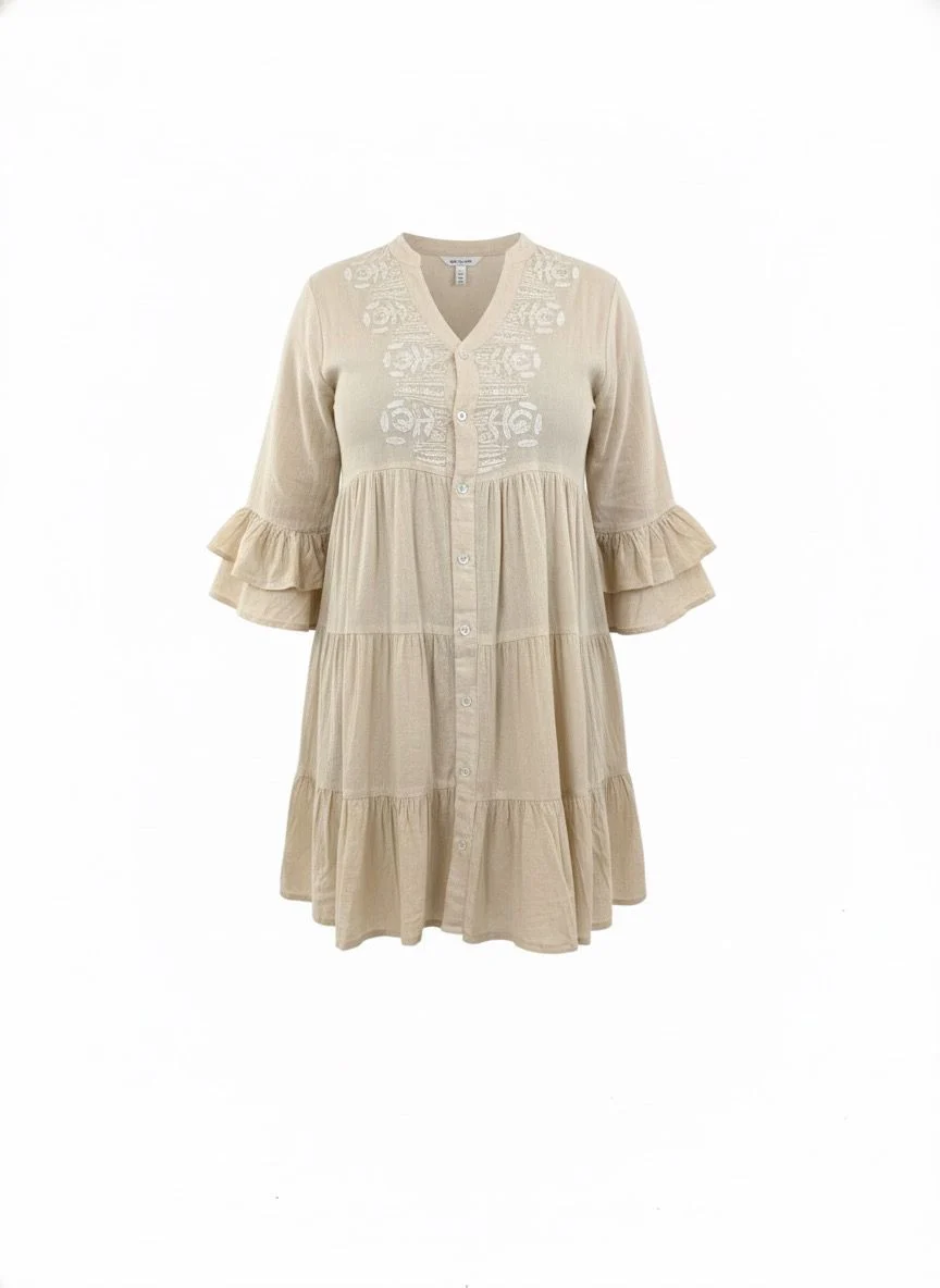 Women's Linen three-quarter Sleeve Embroidred Dress - Image 3