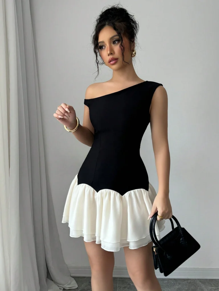 Women's Asymmetric Shoulder Sleeveless Elegant Short Dress