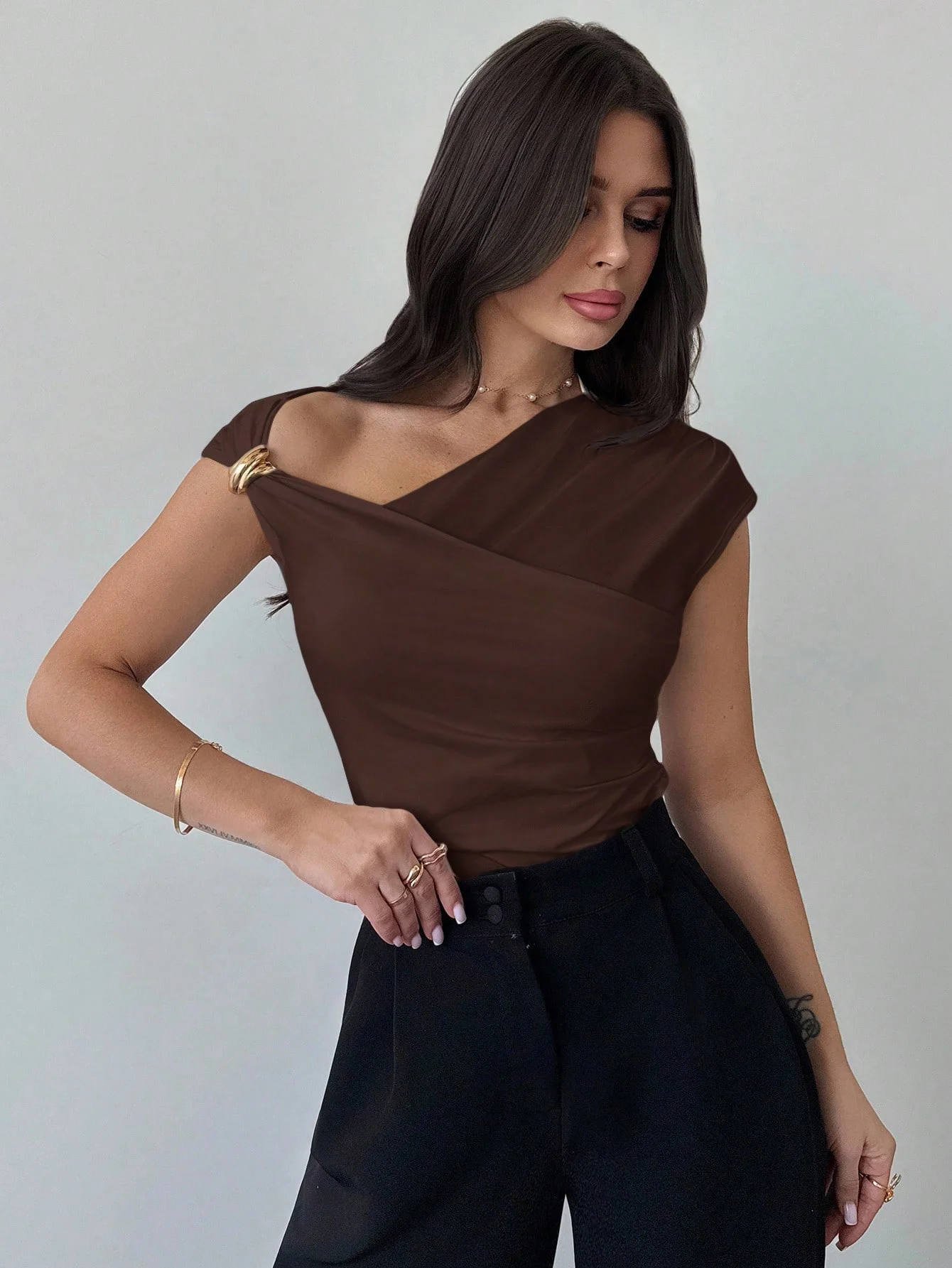 Solid Shoulder Cross Blouse