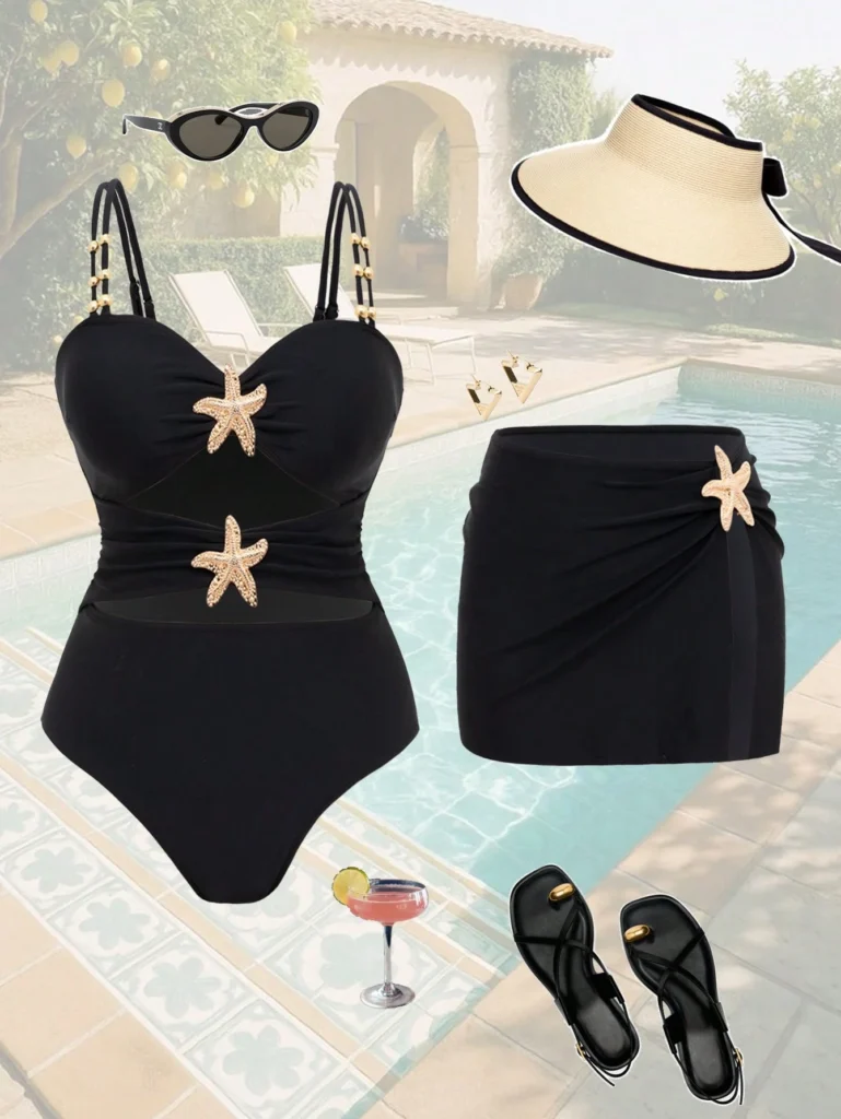 Summer 2Pieces Black Starfish Decor With Skirt Swimsuit
