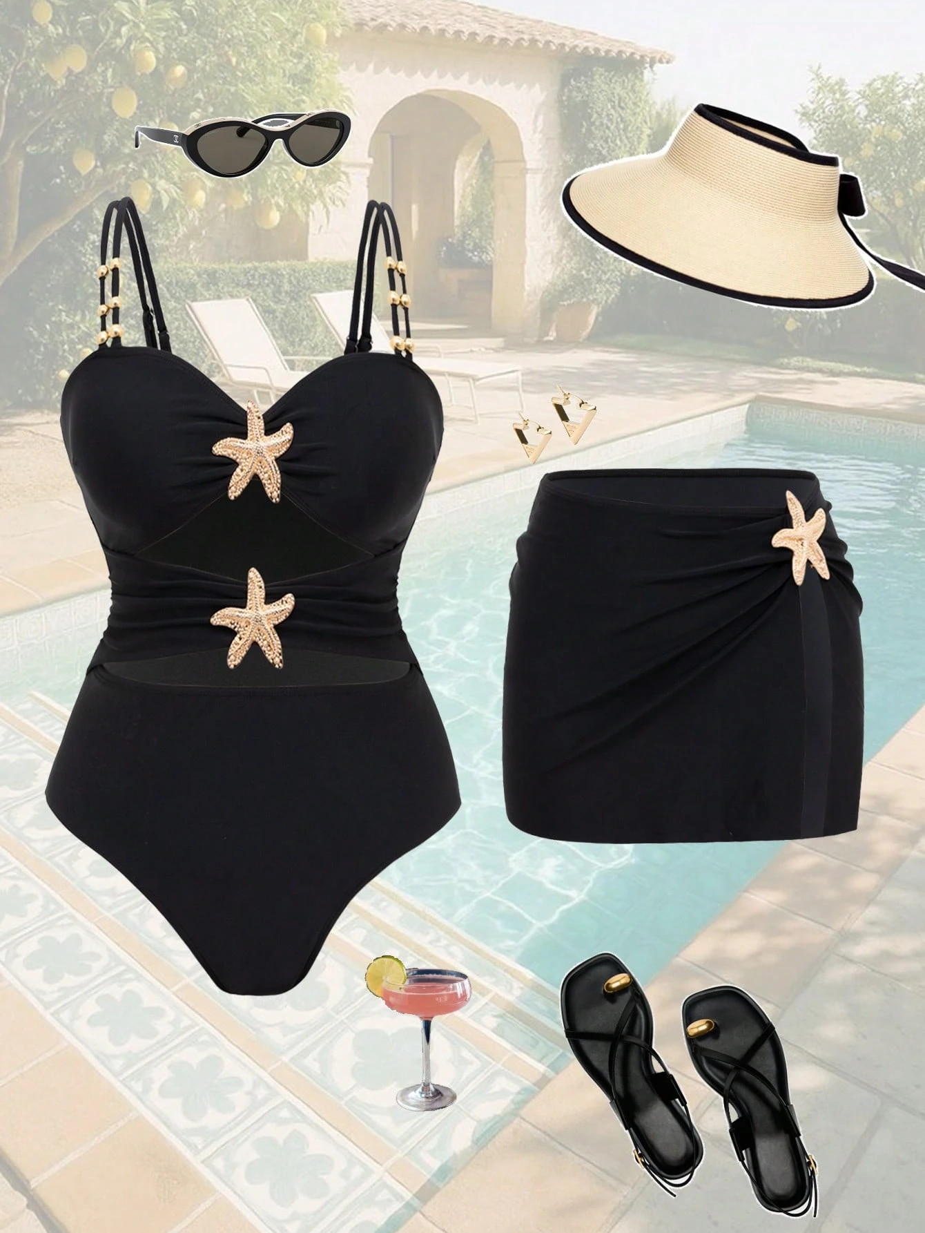 Summer 2Pieces Black Starfish Decor With Skirt Swimsuit