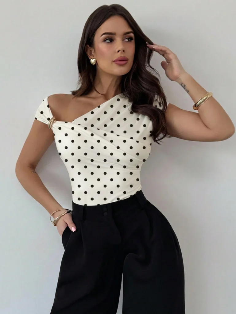 Elegant Polka Dot Shoulder Cross Blouse