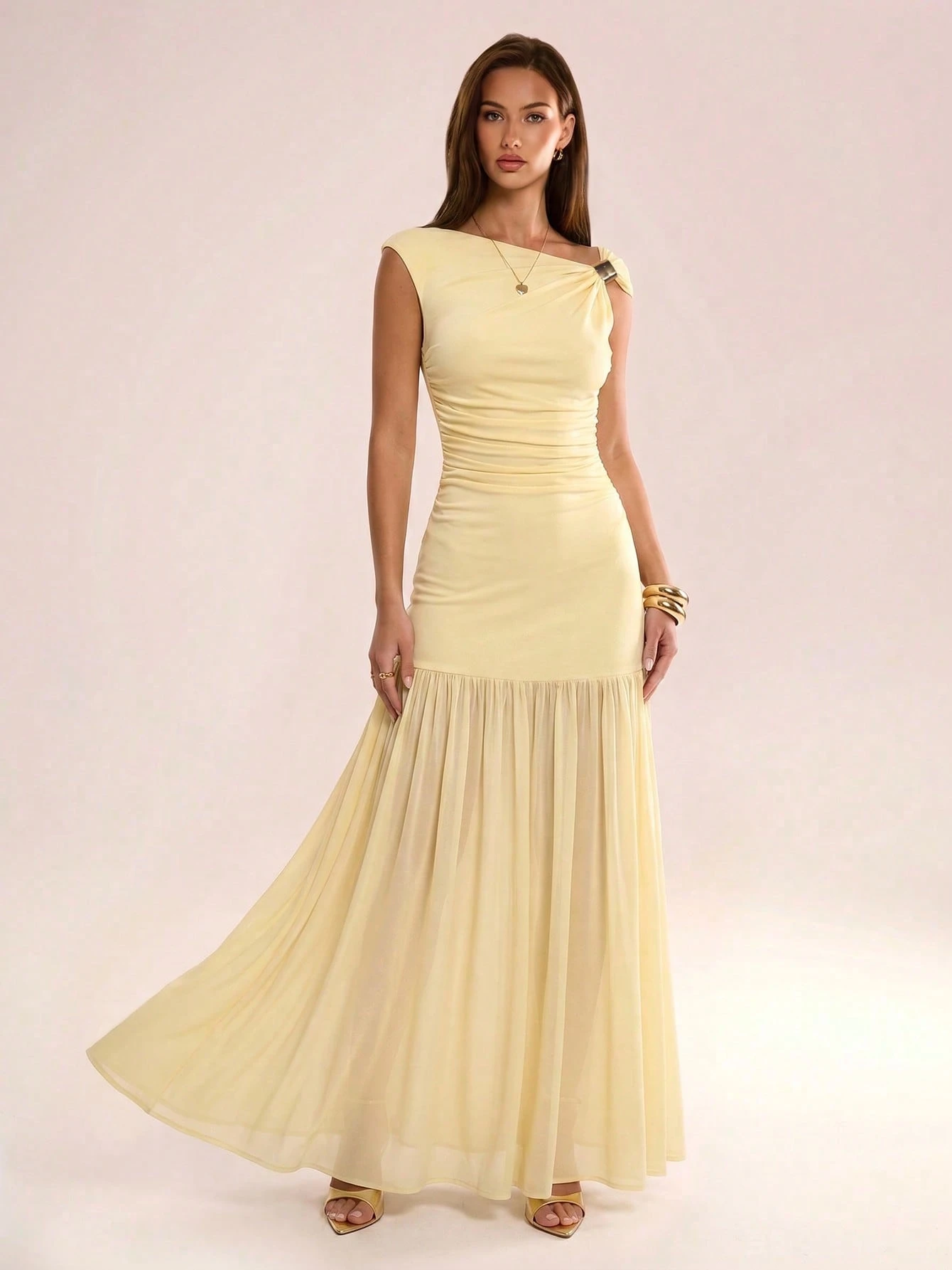 Yellow Sloping Shoulder Maxi Dress