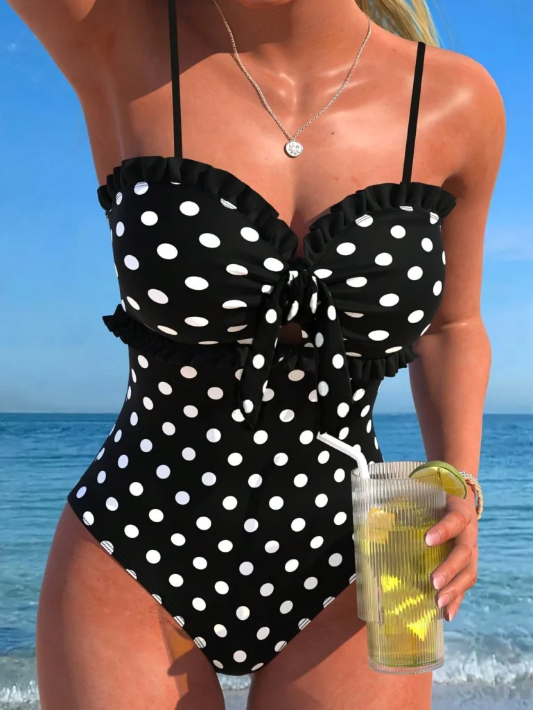 Black Polka Dot Strap One-Piece Swimsuit